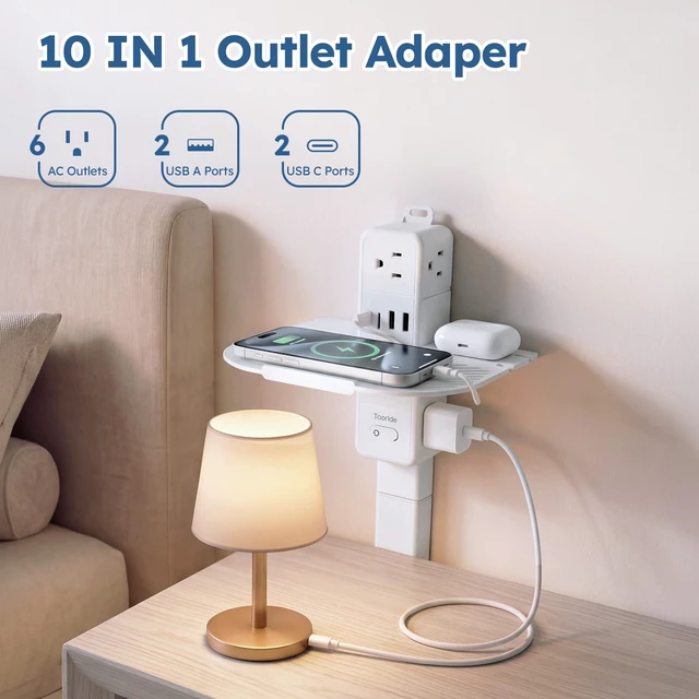 Alt view image 2 of 7 - 10-IN-1 Electrical Outlet Extender Stick, 360° Rotating Plug, Phone Shelf | 6 AC Outlets, 2 USB-C & 2 USB-A; Modular Extendable Stick Reaches 16"-39"; 1400J Surge Protector Power Strip for Sofa & Desk