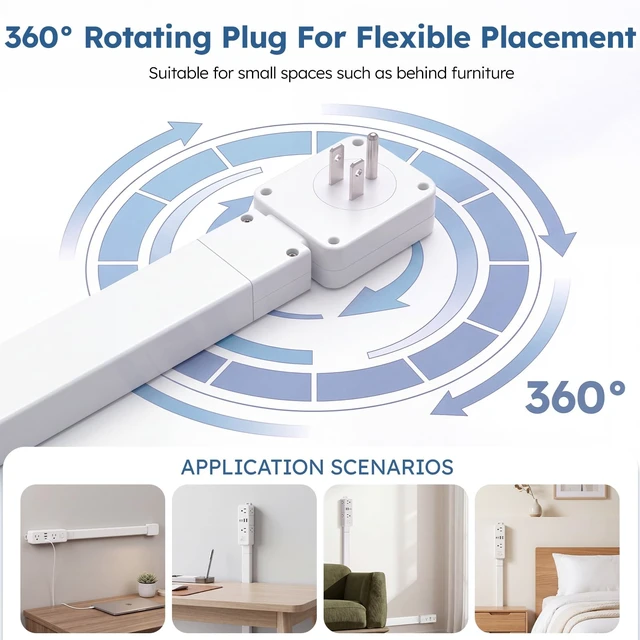Alt view image 3 of 7 - 10-IN-1 Electrical Outlet Extender Stick, 360° Rotating Plug, Phone Shelf | 6 AC Outlets, 2 USB-C & 2 USB-A; Modular Extendable Stick Reaches 16"-39"; 1400J Surge Protector Power Strip for Sofa & Desk