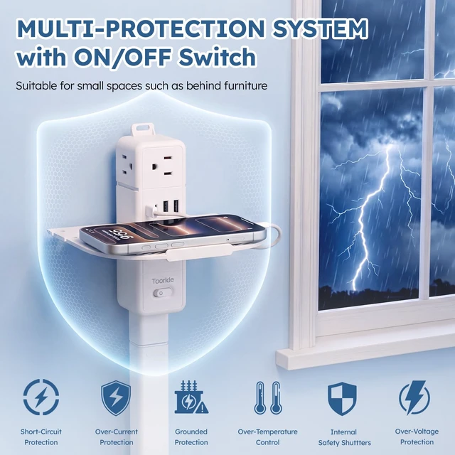 Alt view image 4 of 7 - 10-IN-1 Electrical Outlet Extender Stick, 360° Rotating Plug, Phone Shelf | 6 AC Outlets, 2 USB-C & 2 USB-A; Modular Extendable Stick Reaches 16"-39"; 1400J Surge Protector Power Strip for Sofa & Desk