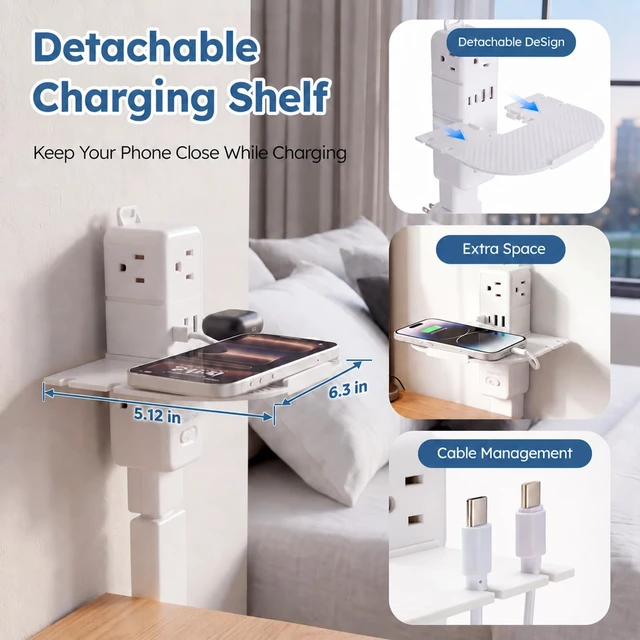 Alt view image 7 of 7 - 10-IN-1 Electrical Outlet Extender Stick, 360° Rotating Plug, Phone Shelf | 6 AC Outlets, 2 USB-C & 2 USB-A; Modular Extendable Stick Reaches 16"-39"; 1400J Surge Protector Power Strip for Sofa & Desk