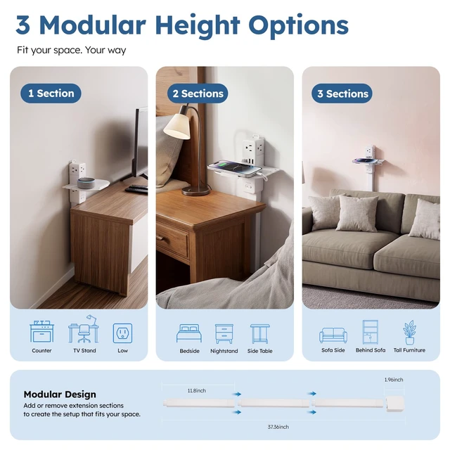 Alt view image 5 of 7 - 10-IN-1 Electrical Outlet Extender Stick, 360° Rotating Plug, Phone Shelf | 6 AC Outlets, 2 USB-C & 2 USB-A; Modular Extendable Stick Reaches 16"-39"; 1400J Surge Protector Power Strip for Sofa & Desk