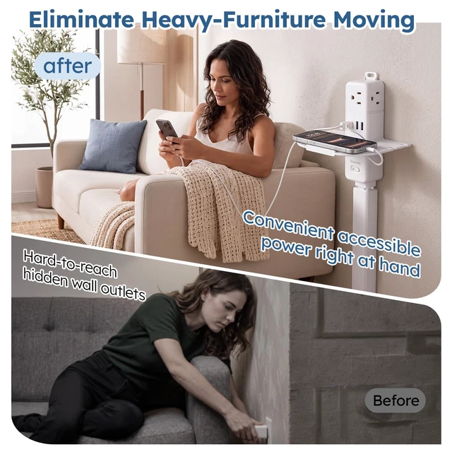 Alt view image 6 of 7 - 10-IN-1 Electrical Outlet Extender Stick, 360° Rotating Plug, Phone Shelf | 6 AC Outlets, 2 USB-C & 2 USB-A; Modular Extendable Stick Reaches 16"-39"; 1400J Surge Protector Power Strip for Sofa & Desk