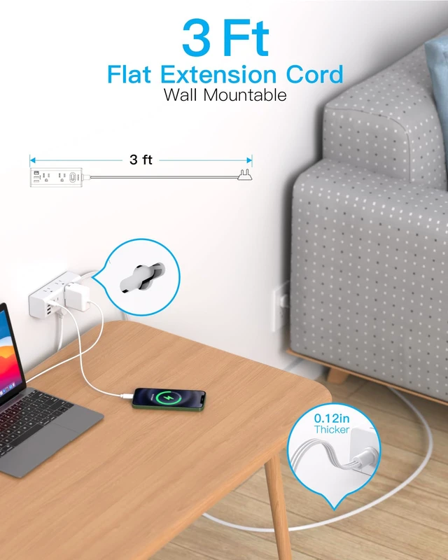 Alt view image 2 of 7 - Short Extension Cord with Multiple Outlets, Flat Plug Power Strip, White | Surge Protector with 3 Ft Cord, 6 Outlet 4 USB Ports (2 USB C), Multi Outlet Wall Plug for Travel, College, Dorm Essentials