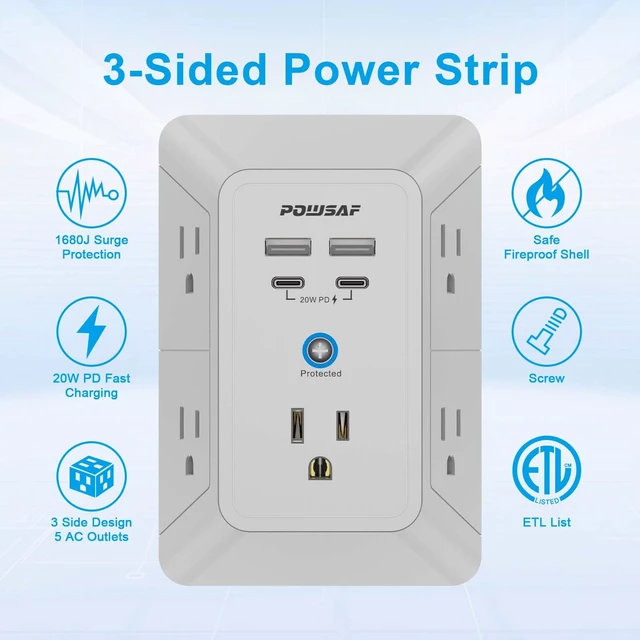 Alt view image 3 of 7 - 5 Outlet Extender Multi Plug Wall Outlets with 4 USB Charging Ports(2 USB-C PD 20W), 3 Sided 1680J Surge Protector Power Strip with Adapter Spaced Outlets for Home, Office, Travel, ETL Listed, Grey