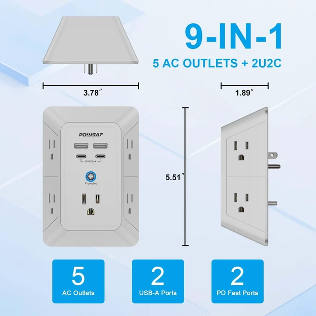 Alt view image 2 of 7 - 5 Outlet Extender Multi Plug Wall Outlets with 4 USB Charging Ports(2 USB-C PD 20W), 3 Sided 1680J Surge Protector Power Strip with Adapter Spaced Outlets for Home, Office, Travel, ETL Listed, Grey