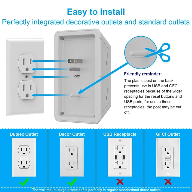 Alt view image 5 of 7 - 5 Outlet Extender Multi Plug Wall Outlets with 4 USB Charging Ports(2 USB-C PD 20W), 3 Sided 1680J Surge Protector Power Strip with Adapter Spaced Outlets for Home, Office, Travel, ETL Listed, Grey