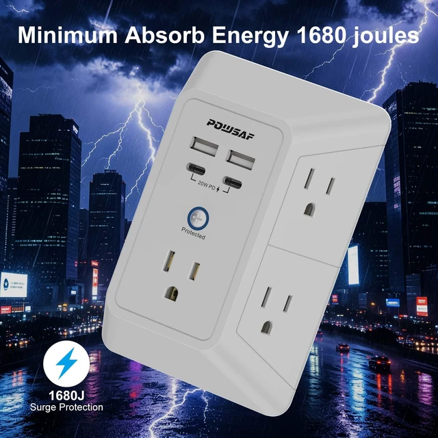 Alt view image 6 of 7 - 5 Outlet Extender Multi Plug Wall Outlets with 4 USB Charging Ports(2 USB-C PD 20W), 3 Sided 1680J Surge Protector Power Strip with Adapter Spaced Outlets for Home, Office, Travel, ETL Listed, Grey