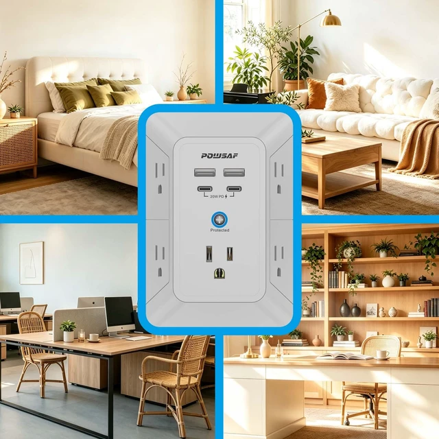 Alt view image 7 of 7 - 5 Outlet Extender Multi Plug Wall Outlets with 4 USB Charging Ports(2 USB-C PD 20W), 3 Sided 1680J Surge Protector Power Strip with Adapter Spaced Outlets for Home, Office, Travel, ETL Listed, Grey