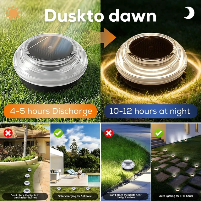 Alt view image 4 of 7 - Solar Ground Lights Outdoor, 12PK IP67 Waterproof Pathway Lights Warm White | 3-Ton Load Capacity, Shatterproof Acrylic & ABS, Deck Lights Solar Powered for Driveway,Sidewalk, Garden, Dock, Yard Decor