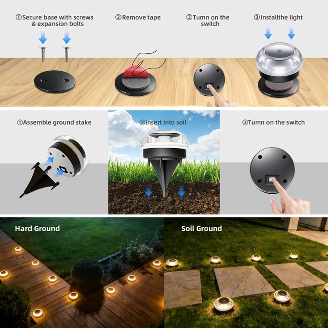 Alt view image 7 of 7 - Solar Ground Lights Outdoor, 12PK IP67 Waterproof Pathway Lights Warm White | 3-Ton Load Capacity, Shatterproof Acrylic & ABS, Deck Lights Solar Powered for Driveway,Sidewalk, Garden, Dock, Yard Decor