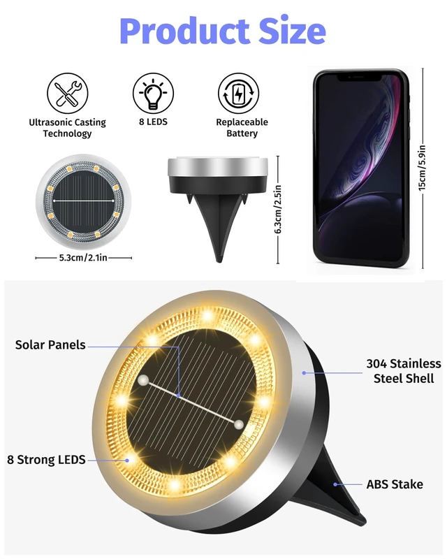 Alt view image 3 of 7 - 16 Pack 2.1 inch Mini Solar Ground Lights OutdoorWarm White | IP65 Waterproof Solar Flat Garden Light, Solar Powered Disc Pathway Lights for Outside Walkway Yard Landscape Lawn Driveway