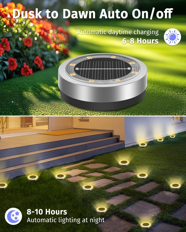 Alt view image 4 of 7 - 16 Pack 2.1 inch Mini Solar Ground Lights OutdoorWarm White | IP65 Waterproof Solar Flat Garden Light, Solar Powered Disc Pathway Lights for Outside Walkway Yard Landscape Lawn Driveway
