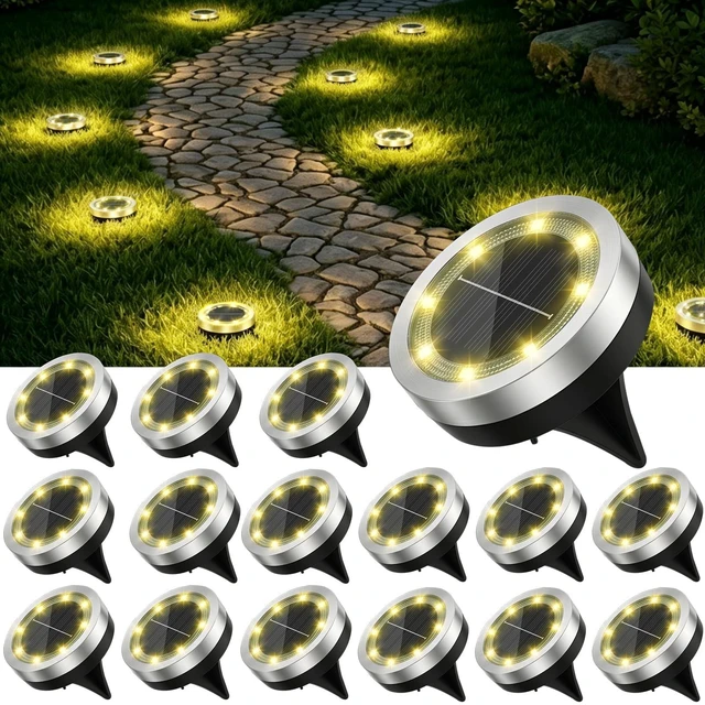 Main image of 16 Pack 2.1 inch Mini Solar Ground Lights OutdoorWarm White | IP65 Waterproof Solar Flat Garden Light, Solar Powered Disc Pathway Lights for Outside Walkway Yard Landscape Lawn Driveway