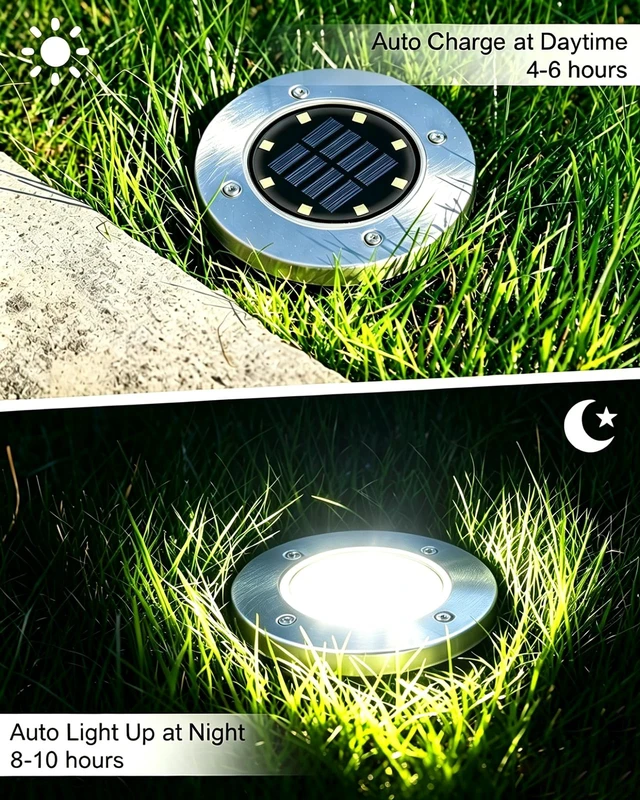 Alt view image 3 of 7 - UFOND Solar Garden Lights, 8 Pack Solar Lights Outdoor Waterproof for Patio | Ground Lights Solar Powered, Disk Deck Lights, home Landscape Lighting for Pathway Yard Lawn Driveway Walkway, Cold White