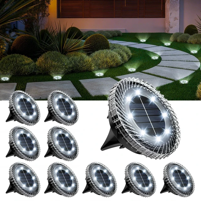 Main image of PATIOWIN 10 Pack Small Solar Ground Lights, Garden Lights Cool White | Solar Powered Pathway Lights Waterproof, Landscape Lighting for Walkway, Driveway, Backyard, Patio- Transparent Lampshade