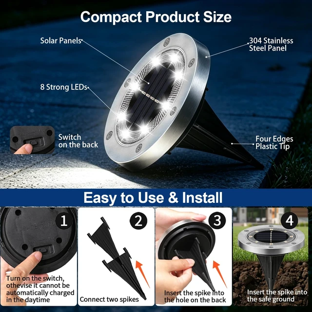 Alt view image 6 of 7 - OKEJUNYE Solar Ground Lights Outdoor 4.7 Inch, 8 Pack IP68 Waterproof Solar Garden Lights Stainless Steel Bright in-Ground Landscape Lighting for Pathway Yard Patio Lawn Driveway Walkway, Cool White