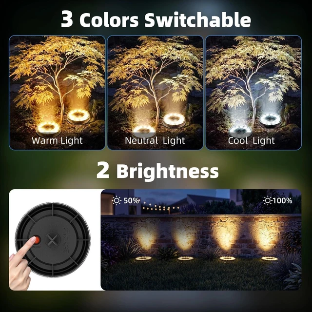 Alt view image 2 of 7 - Peasur 5.18 inch Large Solar Ground Lights Outdoor,12 LED 3CCT 2Brightness 1200mAh Battery,IP65 Waterproof and ABS One-Piece Anti-Rust Housing Garden Lights for Pathway Yard Driveway Landscape 6 Pack