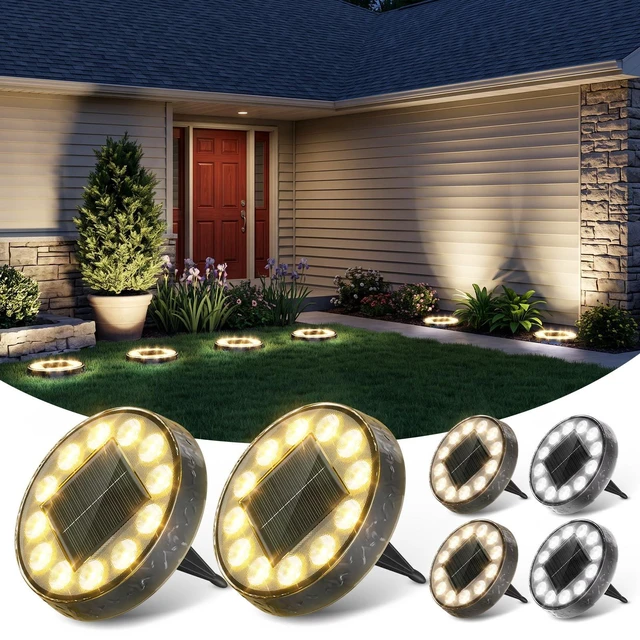 Main image of Peasur 5.18 inch Large Solar Ground Lights Outdoor,12 LED 3CCT 2Brightness 1200mAh Battery,IP65 Waterproof and ABS One-Piece Anti-Rust Housing Garden Lights for Pathway Yard Driveway Landscape 6 Pack