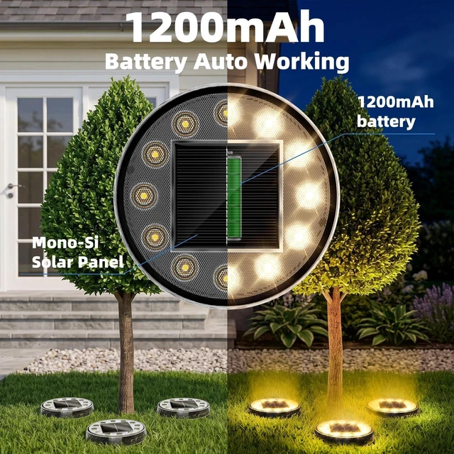 Alt view image 4 of 7 - Peasur 5.18 inch Large Solar Ground Lights Outdoor,12 LED 3CCT 2Brightness 1200mAh Battery,IP65 Waterproof and ABS One-Piece Anti-Rust Housing Garden Lights for Pathway Yard Driveway Landscape 6 Pack
