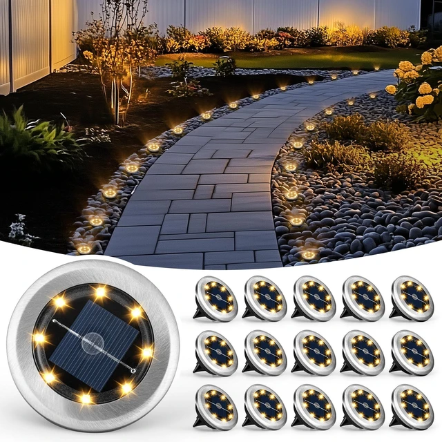 Main image of PATIOWIN 16 Pack Small Solar Ground Lights, Walkway Lights Warm White | Stainless Steel Solar Powered Driveway Lights Waterproof, Landscape Lighting for Pathway, Garden, Backyard, Patio
