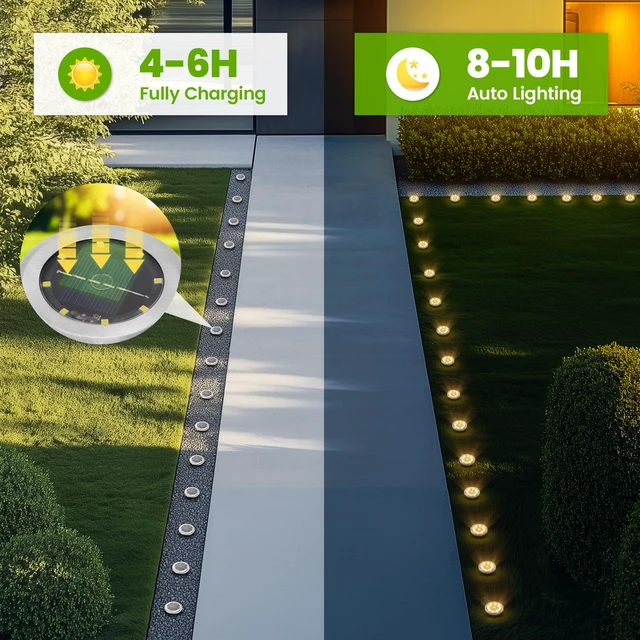 Alt view image 3 of 7 - PATIOWIN 16 Pack Small Solar Ground Lights, Walkway Lights Warm White | Stainless Steel Solar Powered Driveway Lights Waterproof, Landscape Lighting for Pathway, Garden, Backyard, Patio