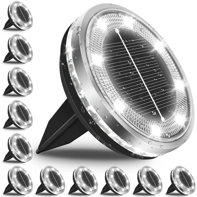 Main image of 12 Pack Outdoor Solar Ground Lights with 4 Side LightCool White | IP65 Waterproof, 12 LED Flat Stainless Steel Solar Powered Garden Lights, Disc Landscape Light for Walkway Pathway Lawn Yard