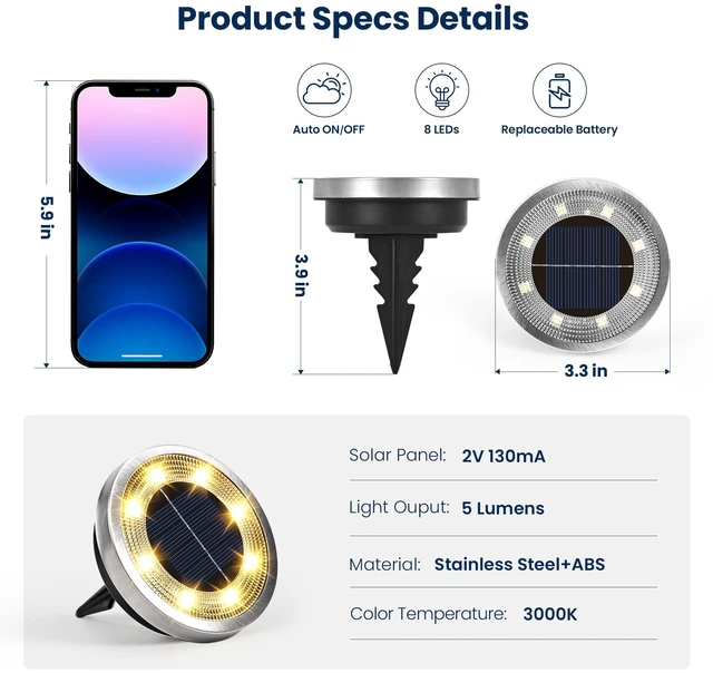 Alt view image 5 of 6 - SOLPEX 16 Pack Solar Ground Lights Outdoor, Backyard Decor Warm White | IP65 Waterproof Stainless Steel Landscape Lighting for Walkway, Driveway, Pathway, Garden, Patio
