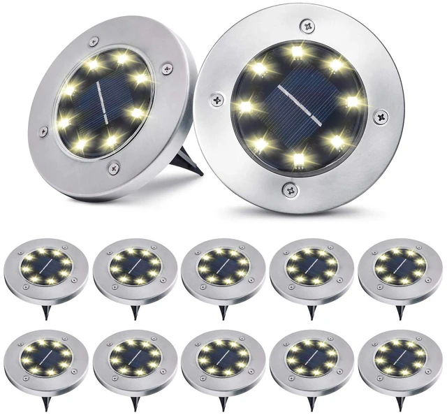 Main image of Pozzolanas 12 Pack Solar Ground Lights - 8 LED, Warm White, In-Ground Landscape Lights for Pathway, Yard, Walkway, Patio, Lawn Path