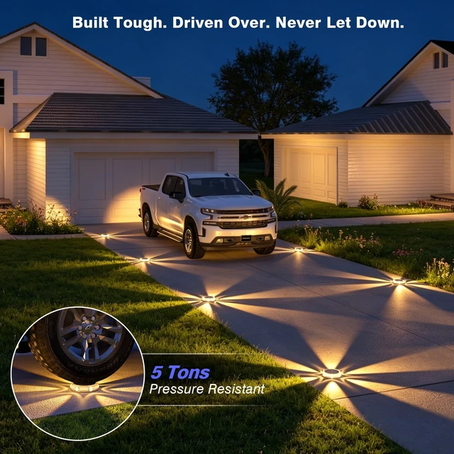 Alt view image 5 of 7 - YiLaie Solar Ground Lights Outdoor IP68 Waterproof, Warm White 4 Pack | Flat Solar Driveway Lights Stick On & Stake,Disc Landscape Lighting Outside for Deck,Garden,Lawn,Pathway,Dock,Step,pool