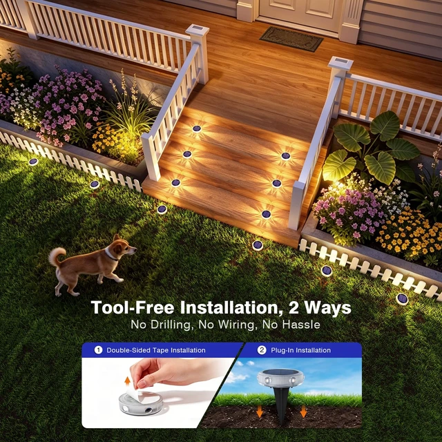 Alt view image 6 of 7 - YiLaie Solar Ground Lights Outdoor IP68 Waterproof, Warm White 4 Pack | Flat Solar Driveway Lights Stick On & Stake,Disc Landscape Lighting Outside for Deck,Garden,Lawn,Pathway,Dock,Step,pool