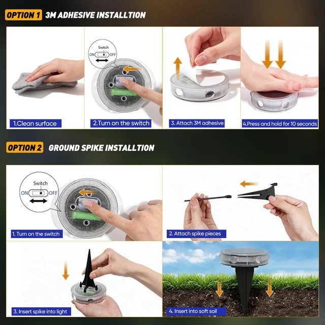 Alt view image 7 of 7 - YiLaie Solar Ground Lights Outdoor IP68 Waterproof, Warm White 4 Pack | Flat Solar Driveway Lights Stick On & Stake,Disc Landscape Lighting Outside for Deck,Garden,Lawn,Pathway,Dock,Step,pool