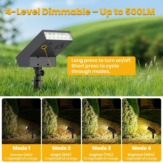 Alt view image 3 of 7 - SOTTLOT Solar Spot Light Outdoor,3000K Solar Yard Light, Metal Ground Spike | 4 Working Modes, 500LM Solar Lawn Light, IP65 Waterproof Solar Walkway Light for Landscape Garden, Patio, Backyard, 1pcs