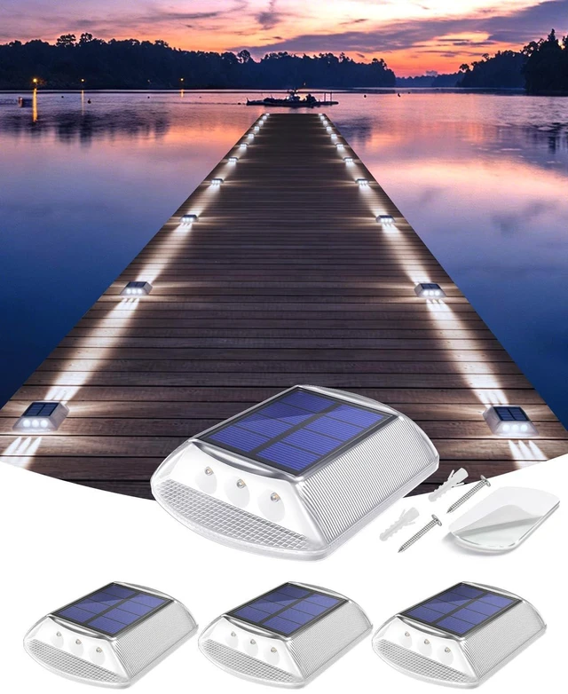 Main image of Solar Driveway Lights Outdoor IP68 Waterproof Led 4 Pack White | Sturdy PC Shell, Stick on & Screw Mount, Markers Light for Outside Deck, Driveway, Step, Walkway, Patio, Pathway, Stair, pool