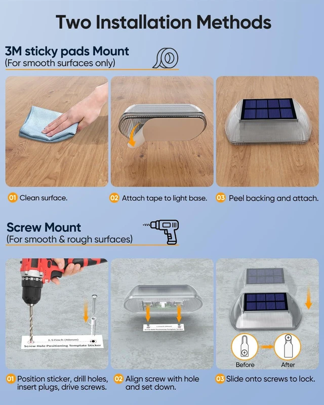 Alt view image 7 of 7 - Solar Driveway Lights Outdoor IP68 Waterproof Led 4 Pack White | Sturdy PC Shell, Stick on & Screw Mount, Markers Light for Outside Deck, Driveway, Step, Walkway, Patio, Pathway, Stair, pool