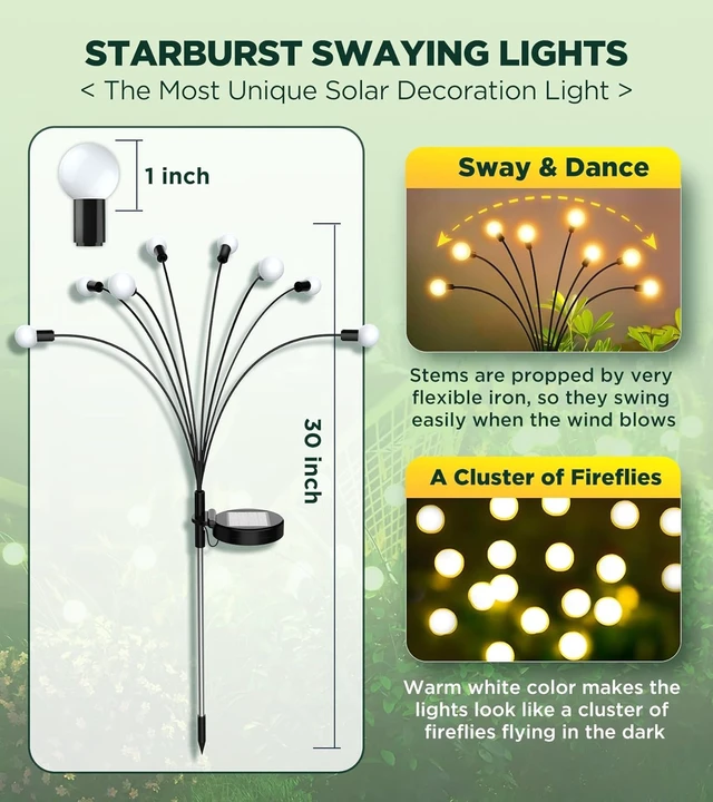 Alt view image 3 of 6 - Vibrant Solar Garden Lights, Ultra Bright Solar Powered Firefly Lights Outdoor Waterproof, High Flexibility Starburst Swaying Light, 8 LED Landscape Lighting Decorative for Pathway Patio Yard