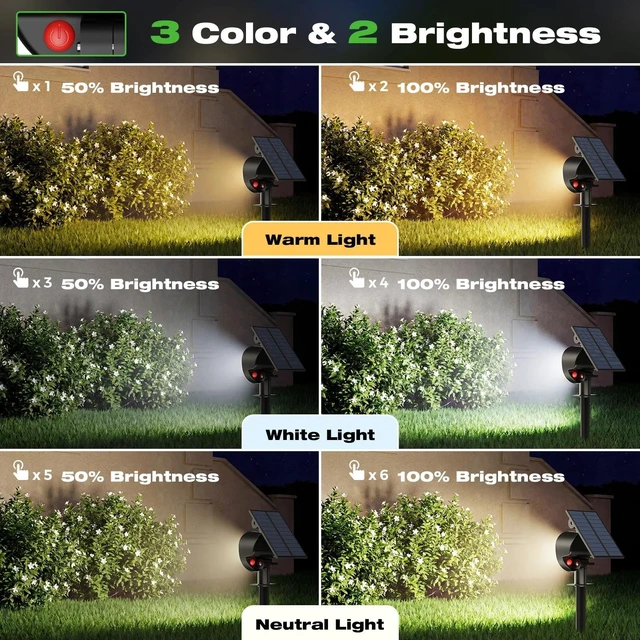 Alt view image 2 of 7 - nipify Solar Spot Lights Outdoor Waterproof, 3 CCT Landscape Spotlights | 4 Pack/2 Brightness, Adjustable Solar Panels, Auto On/Off, Uplights Lighting for Outside Garden Yard Trees Walkway Pathway