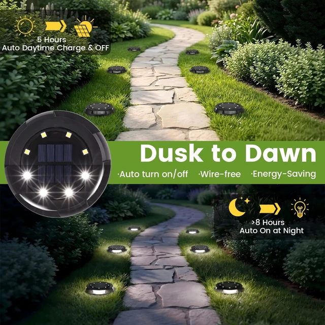 Alt view image 4 of 7 - 8 Pack Solar Ground Lights Uplight Sidelight 4000K Driveway Lights | 4.41In IP65 Waterproof Auto Dusk to Dawn Cool White LED Solar Landscape Lighting Walkway Lights for Yard, ETL UL CSA Qulified