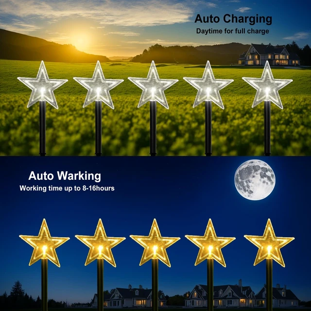 Alt view image 6 of 7 - Solar Christmas Pathway Lights, 5 Pack Solar Christmas Decor Star Lights Outdoor Waterproof Stake Lights Garden Decorative Lights Walkway Lights for Landscape Yard Lawn Patio Wedding Party(Warm White)