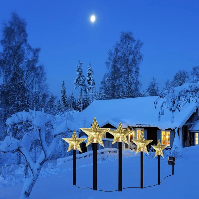 Alt view image 7 of 7 - Solar Christmas Pathway Lights, 5 Pack Solar Christmas Decor Star Lights Outdoor Waterproof Stake Lights Garden Decorative Lights Walkway Lights for Landscape Yard Lawn Patio Wedding Party(Warm White)