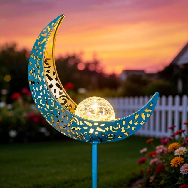 Main image of Homeimpro Moon Solar Garden Lights Outdoor Stakes, Waterproof Crackle Glass Metal Yard Lights for Lawn, Patio Accessories, Backyard Decor, Birthday Gifts for Mom