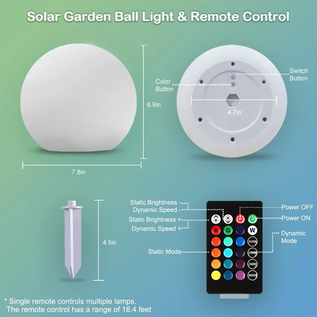 Alt view image 6 of 7 - 8 inch Solar Glowing Globe Light, 16 RGB Colors Changing Solar Garden Ball Light, Auto-On/Off LED Glow Ball W/Remote, Waterproof Landscape Lighting Globe W/Ground Stake for Patio Yard Pathway Decor