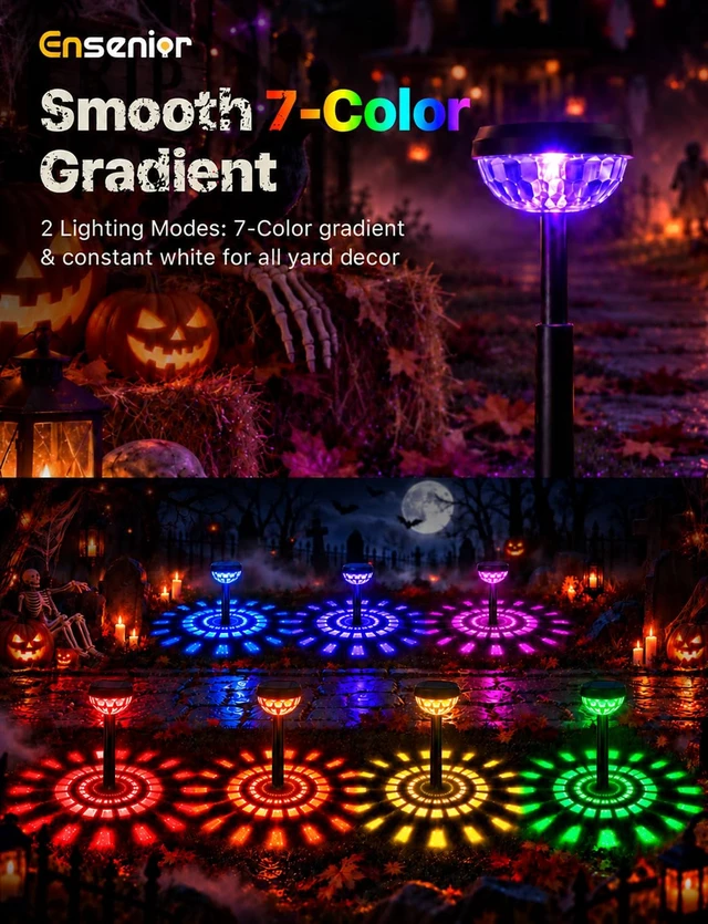Alt view image 2 of 7 - Ensenior Color Changing Solar Lights Outdoor, 6 Pack, Unique Light Pattern | 7-Color RGB Gradient Mode/Cool White Mode, IP65 waterproof, Adjustable Height, Solar Lights for Garden Decor