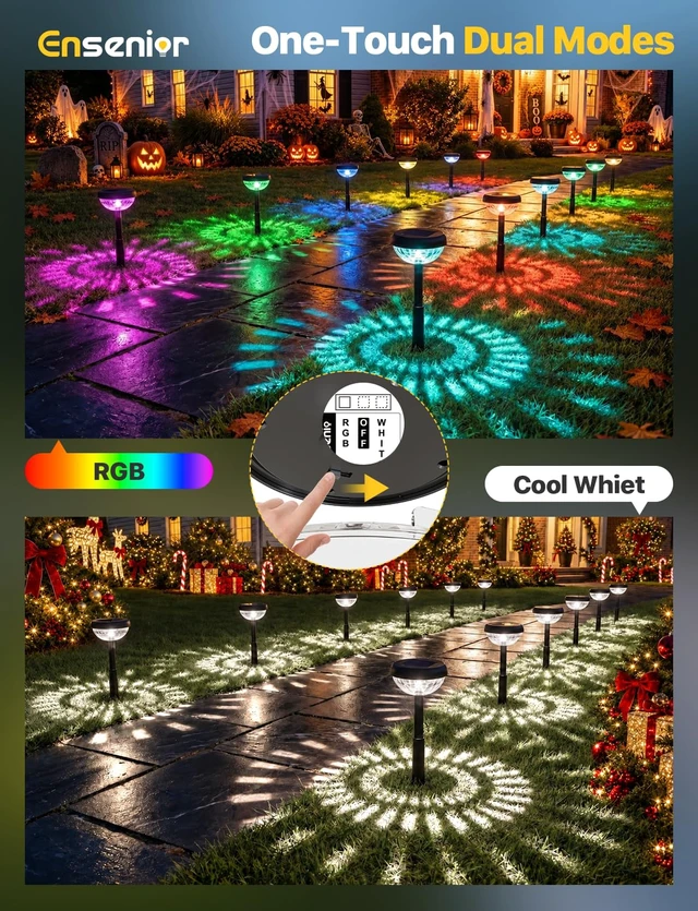Alt view image 4 of 7 - Ensenior Color Changing Solar Lights Outdoor, 6 Pack, Unique Light Pattern | 7-Color RGB Gradient Mode/Cool White Mode, IP65 waterproof, Adjustable Height, Solar Lights for Garden Decor