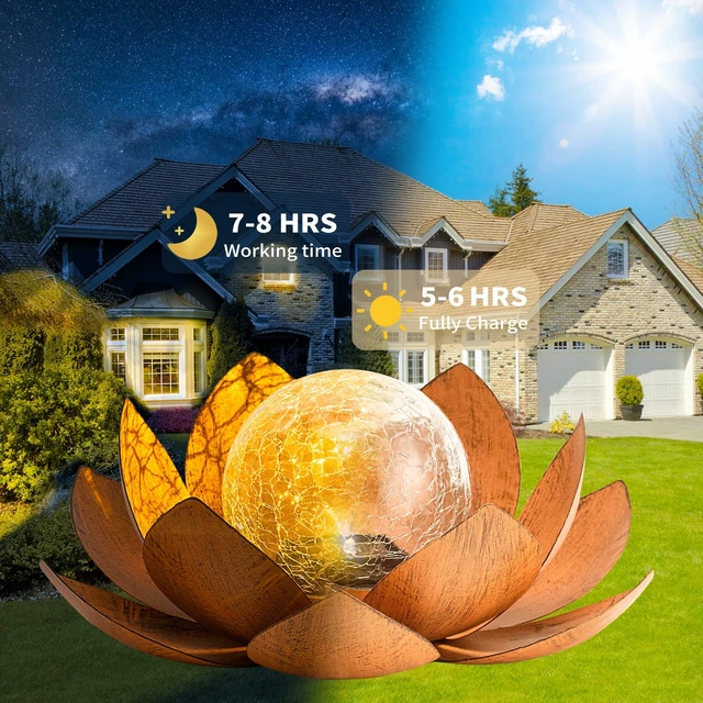 Alt view image 3 of 6 - AIINY Solar Light Outdoor(2Pack), Art Crackle Globe Glass Lotus Decoration, Solar LED Waterproof Metal Flower Lights for Patio,Lawn,Walkway,Tabletop