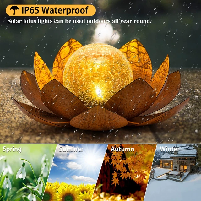 Alt view image 4 of 6 - AIINY Solar Light Outdoor(2Pack), Art Crackle Globe Glass Lotus Decoration, Solar LED Waterproof Metal Flower Lights for Patio,Lawn,Walkway,Tabletop