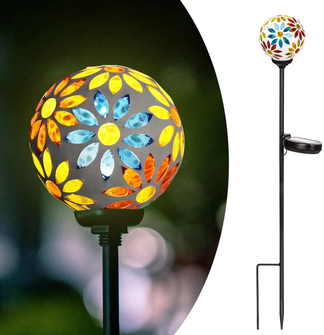 Main image of Afirst Solar Outdoor Decorative Light, Mosaic Stake for Yard Decor, 3.5" | 3.5" Flower Pattern Mosaic Glass Ball Stake, Waterproof Design, Solar Lights for Lawn, Yard & Pathway Decor, Yellow