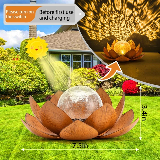 Alt view image 5 of 6 - AIINY Solar Light Outdoor(2Pack), Art Crackle Globe Glass Lotus Decoration, Solar LED Waterproof Metal Flower Lights for Patio,Lawn,Walkway,Tabletop