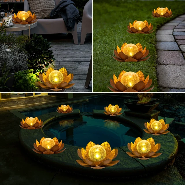 Alt view image 6 of 6 - AIINY Solar Light Outdoor(2Pack), Art Crackle Globe Glass Lotus Decoration, Solar LED Waterproof Metal Flower Lights for Patio,Lawn,Walkway,Tabletop