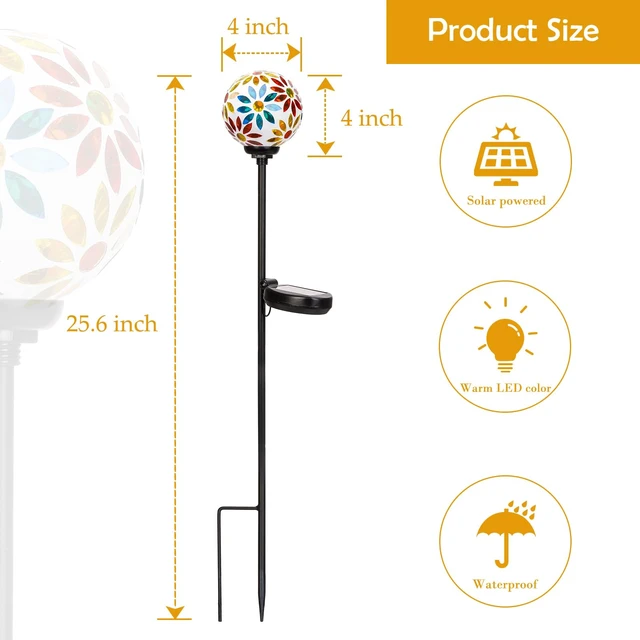 Alt view image 2 of 7 - Afirst Solar Outdoor Decorative Light, Mosaic Stake for Yard Decor, 3.5" | 3.5" Flower Pattern Mosaic Glass Ball Stake, Waterproof Design, Solar Lights for Lawn, Yard & Pathway Decor, Yellow