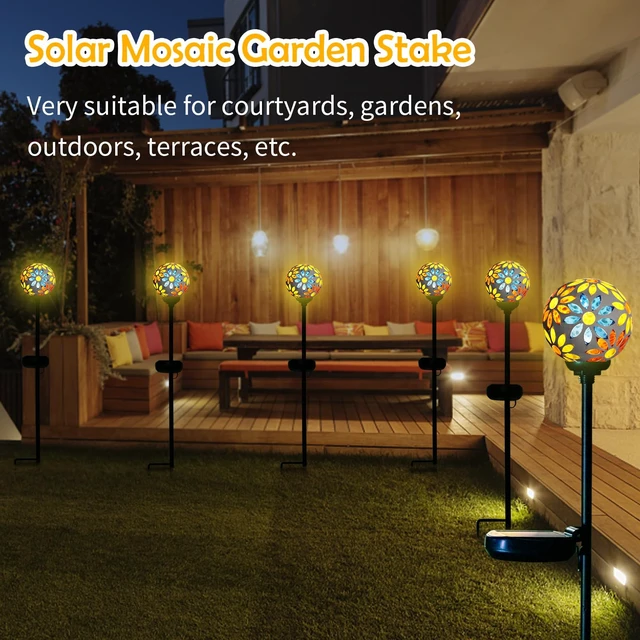 Alt view image 3 of 7 - Afirst Solar Outdoor Decorative Light, Mosaic Stake for Yard Decor, 3.5" | 3.5" Flower Pattern Mosaic Glass Ball Stake, Waterproof Design, Solar Lights for Lawn, Yard & Pathway Decor, Yellow